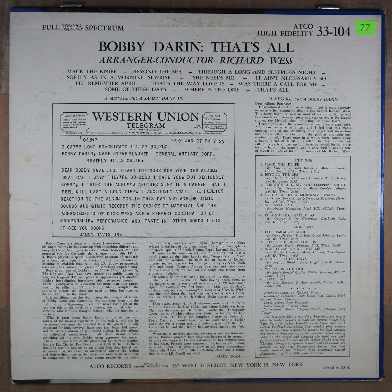 N77. BOBBY DARIN – THAT’S ALL ~ USA ~ - Image 5